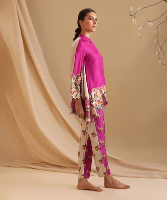 Fuchsia  malasyan silk aarani embroidered co-ord set 3