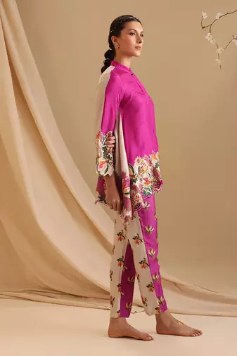 Fuchsia  malasyan silk aarani embroidered co-ord set