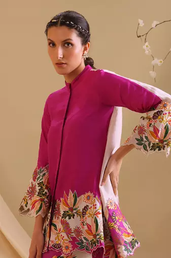 Fuchsia  malasyan silk aarani embroidered co-ord set