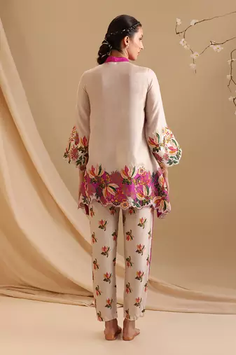 Fuchsia  malasyan silk aarani embroidered co-ord set