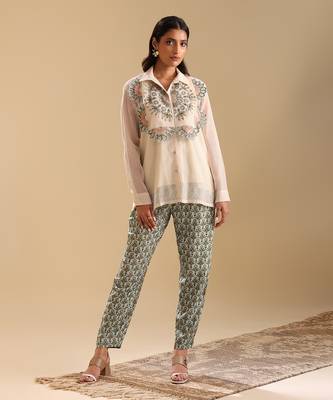 Beige top handloom net and bottom linen  earaya applique co-ord set 1