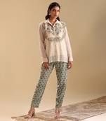 Beige top handloom net and bottom linen  earaya applique co-ord set