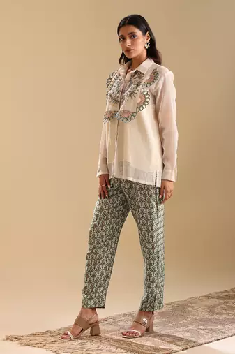 Beige top handloom net and bottom linen  earaya applique co-ord set