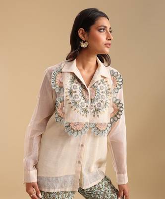 Beige top handloom net and bottom linen  earaya applique co-ord set 3
