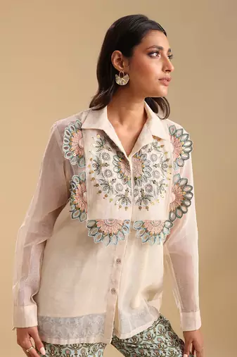 Beige top handloom net and bottom linen  earaya applique co-ord set