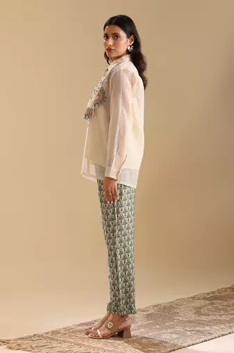 Beige top handloom net and bottom linen  earaya applique co-ord set
