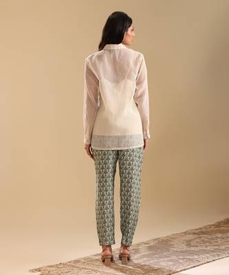 Beige top handloom net and bottom linen  earaya applique co-ord set 5