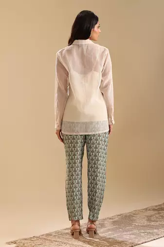 Beige top handloom net and bottom linen  earaya applique co-ord set