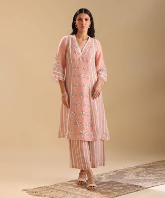 Peach  linen naqsh embellished kurta set 1