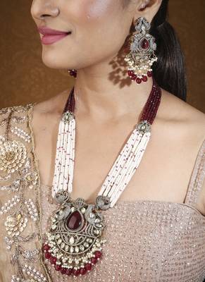 Long pearl necklace with ruby & american stone statement pendant 1