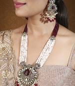 Long pearl necklace with ruby & american stone statement pendant