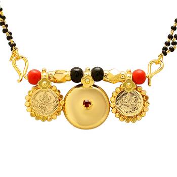 Memoir brass gold plated 3 wati laxmi coin faux ruby studded 30 inch mangalsutra tanmaniya traditional necklace   1