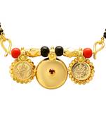 Memoir brass gold plated 3 wati laxmi coin faux ruby studded 30 inch mangalsutra tanmaniya traditional necklace  