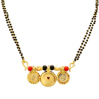 Memoir brass gold plated 3 wati laxmi coin faux ruby studded 30 inch mangalsutra tanmaniya traditional necklace   2