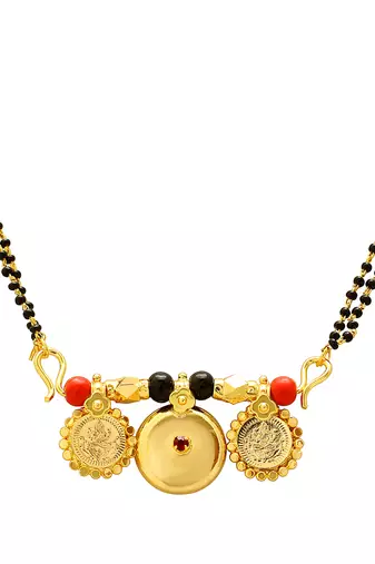 Memoir brass gold plated 3 wati laxmi coin faux ruby studded 30 inch mangalsutra tanmaniya traditional necklace  