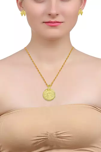 Memoir gold plated lakshmi pendant with matching earrings combo set