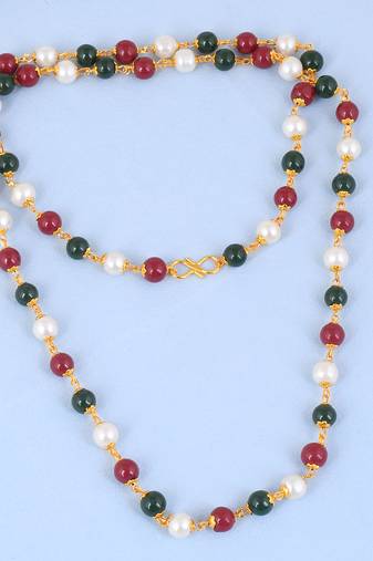 Memoir goldplated faux emerald ruby and fresh water pearls bead necklace mala women  