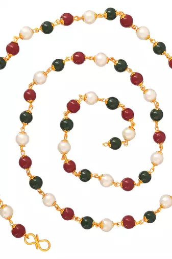 Memoir goldplated faux emerald ruby and fresh water pearls bead necklace mala women  