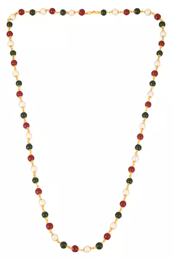 Memoir goldplated faux emerald ruby and fresh water pearls bead necklace mala women  