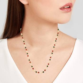 Memoir goldplated faux emerald ruby and fresh water pearls bead necklace mala women   4