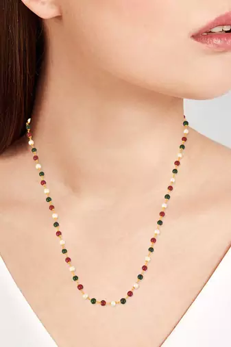 Memoir goldplated faux emerald ruby and fresh water pearls bead necklace mala women  