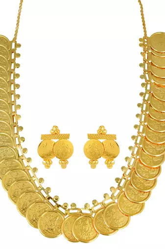 Memoir brass gold plated big lakshmi coin necklace set women