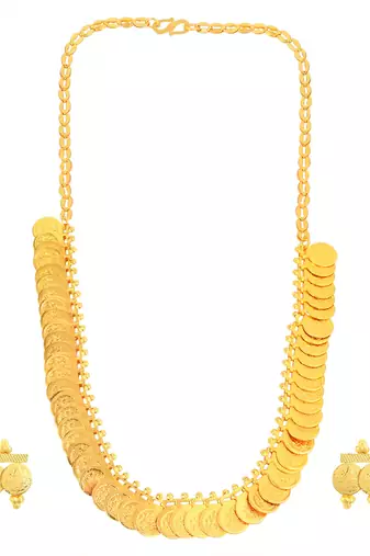 Memoir brass micron goldplated 18 inch lakshmi laxmi coin necklace set for women