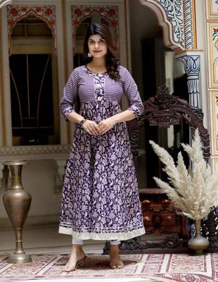 Women's purple cotton floral gota lace work anarkali kurta 1