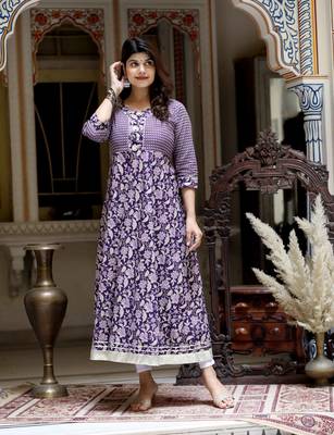 Women's purple cotton floral gota lace work anarkali kurta 2
