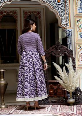 Women's purple cotton floral gota lace work anarkali kurta 3