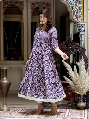 Women's purple cotton floral gota lace work anarkali kurta 4