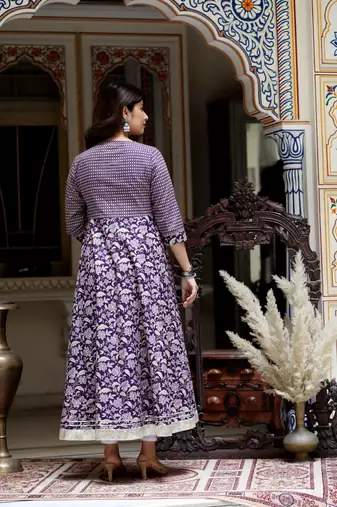 Women's purple cotton floral gota lace work anarkali kurta and dupatta