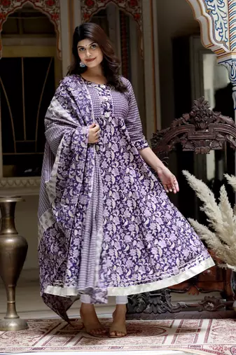 Women's purple cotton floral gota lace work anarkali kurta and dupatta