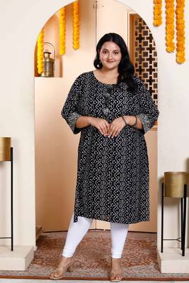 Womens plus size rayon embroidery black bandhani printed straight kurti 1