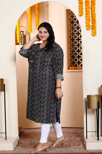 Womens plus size rayon embroidery black bandhani printed straight kurti