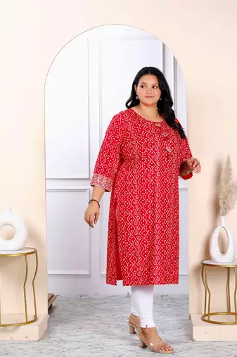 Womens plus size festive wear red bandhani printed straight kurti