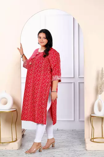 Womens plus size festive wear red bandhani printed straight kurti
