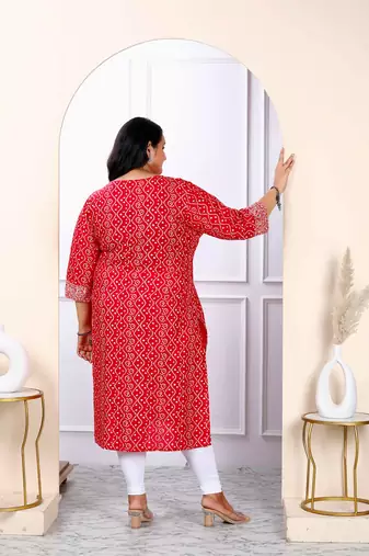 Womens plus size festive wear red bandhani printed straight kurti