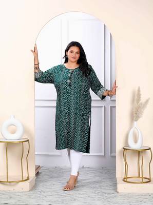 Womens plus size rayon green bandhani printed straight kurti 1