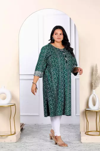 Womens plus size rayon green bandhani printed straight kurti