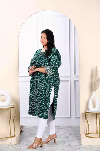 Womens plus size rayon green bandhani printed straight kurti