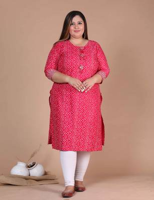 Womens plus size rayon pink bandhani printed straight kurti 1
