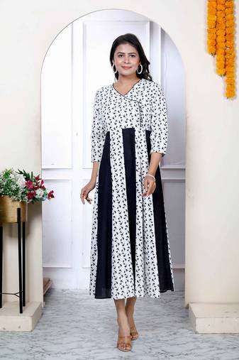 Womens cotton white bird print anarkali kurta