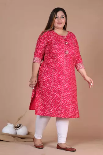 Womens plus size rayon pink bandhani printed straight kurti