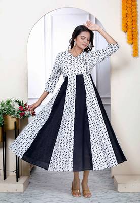 Womens cotton white bird print anarkali kurta 2