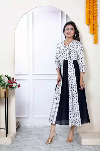 Womens cotton white bird print anarkali kurta