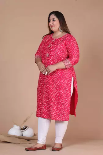 Womens plus size rayon pink bandhani printed straight kurti