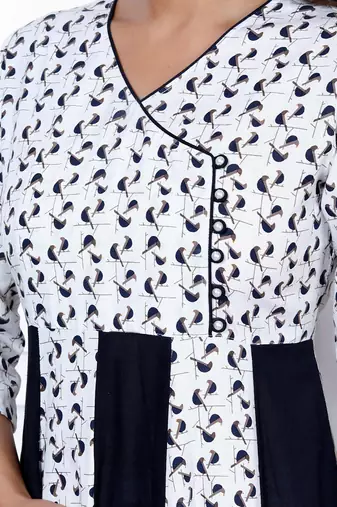 Womens cotton white bird print anarkali kurta