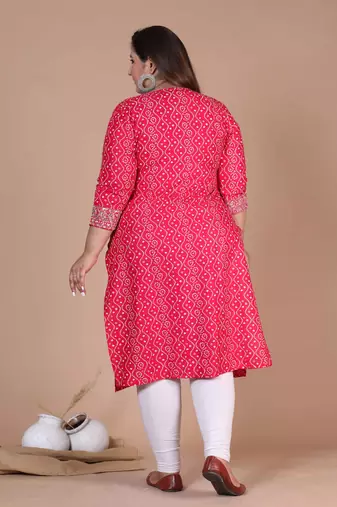 Womens plus size rayon pink bandhani printed straight kurti