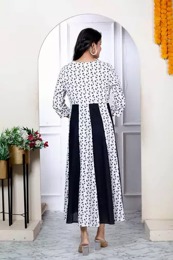Womens cotton white bird print anarkali kurta